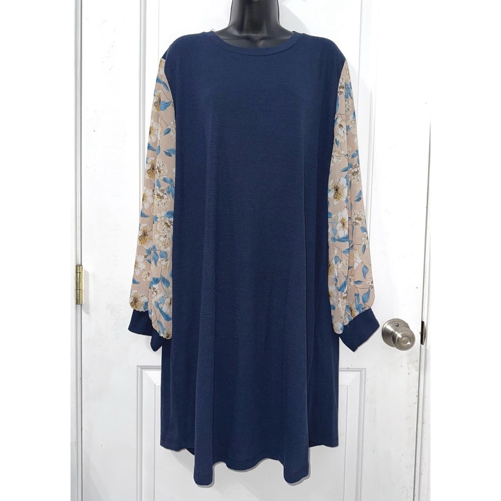 Grace & Emma navy blue long-sleeved dress with floral print sleeves